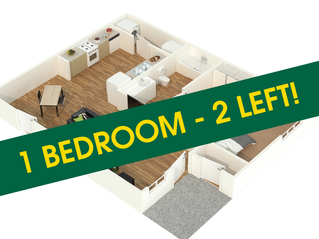 Modern 3D floor plan showcasing a stylish 1-bedroom apartment with open kitchen and inviting living area. Only 2 units left!