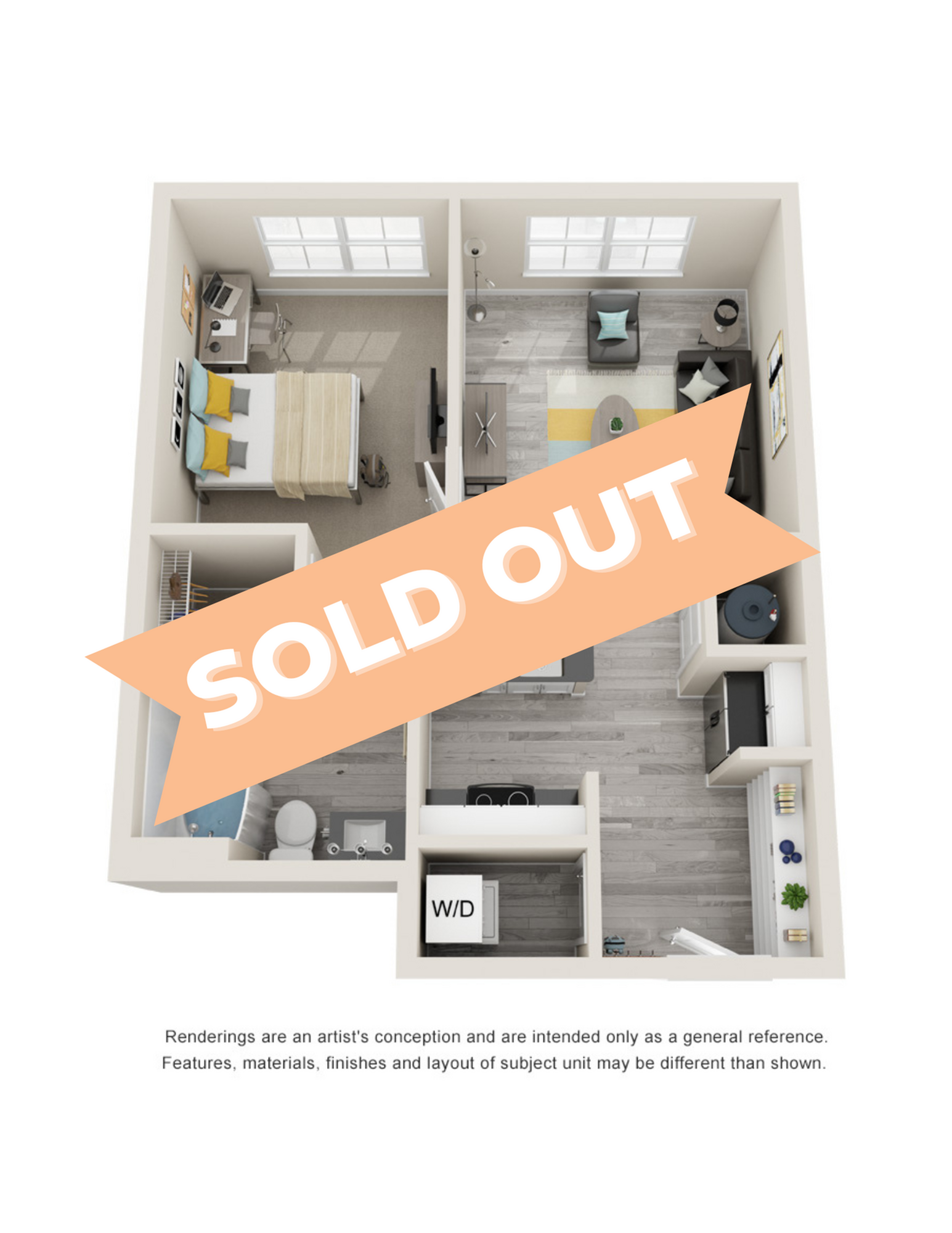 Campus Circle Gainesville 1-bedroom apartment floor plan with open living area, cozy bedroom, contemporary kitchen, and convenient laundry space, highlighted as sold out.