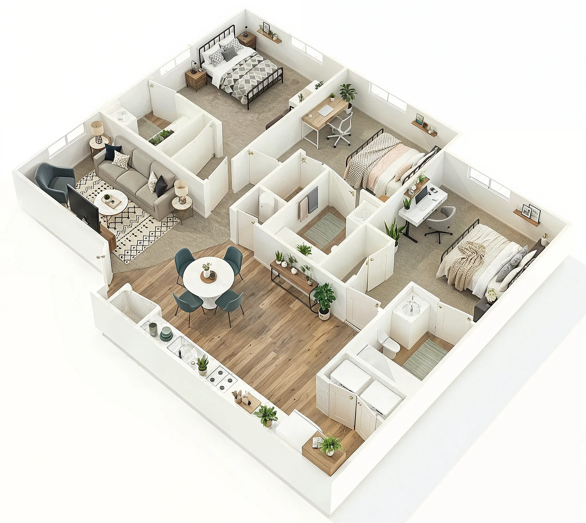 3-bedroom apartment floor plan with modern kitchen and living area at Centennial Ridge in Raleigh, NC