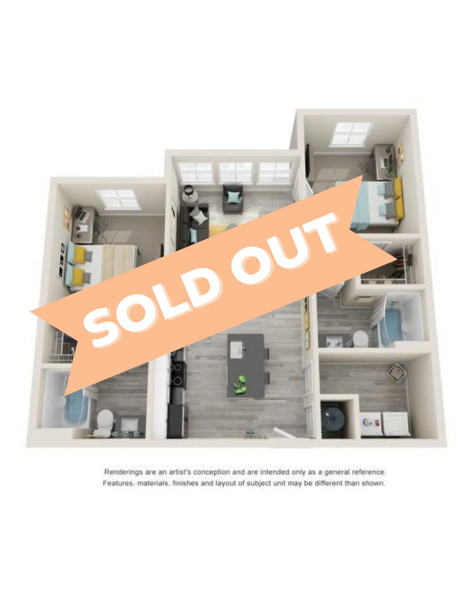 Chic 3D floor plan highlighting a modern open kitchen, two elegant bedrooms, spacious living area, and sleek bathrooms, beautifully designed with contemporary finishes.