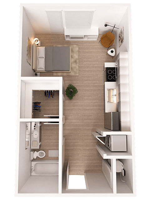 Modern studio apartment floor plan with cozy living area, stylish kitchen, and sleek bathroom.
