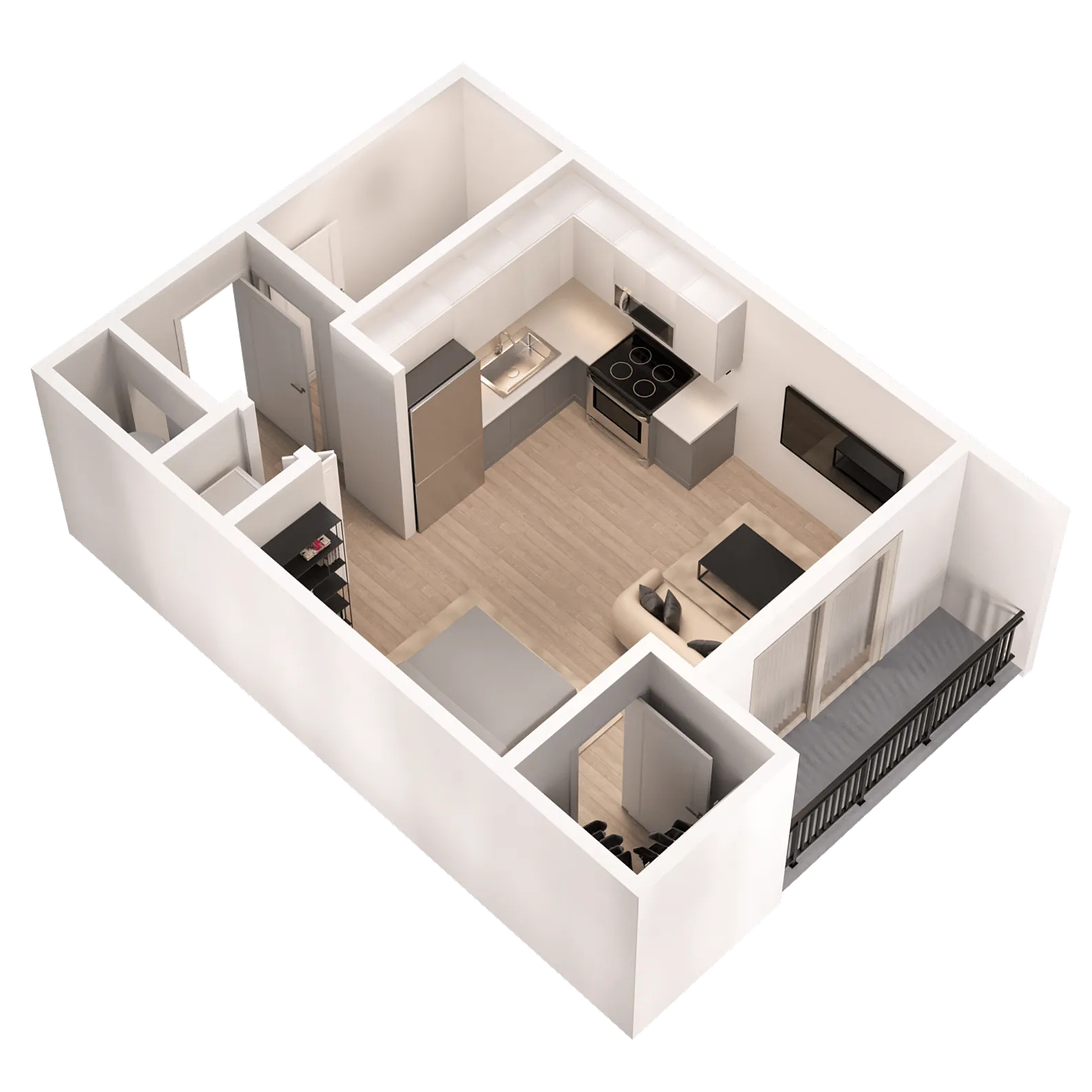 Modern 3D floor plan showcasing an open-concept design with a cozy living area, sleek kitchen, and balcony access.