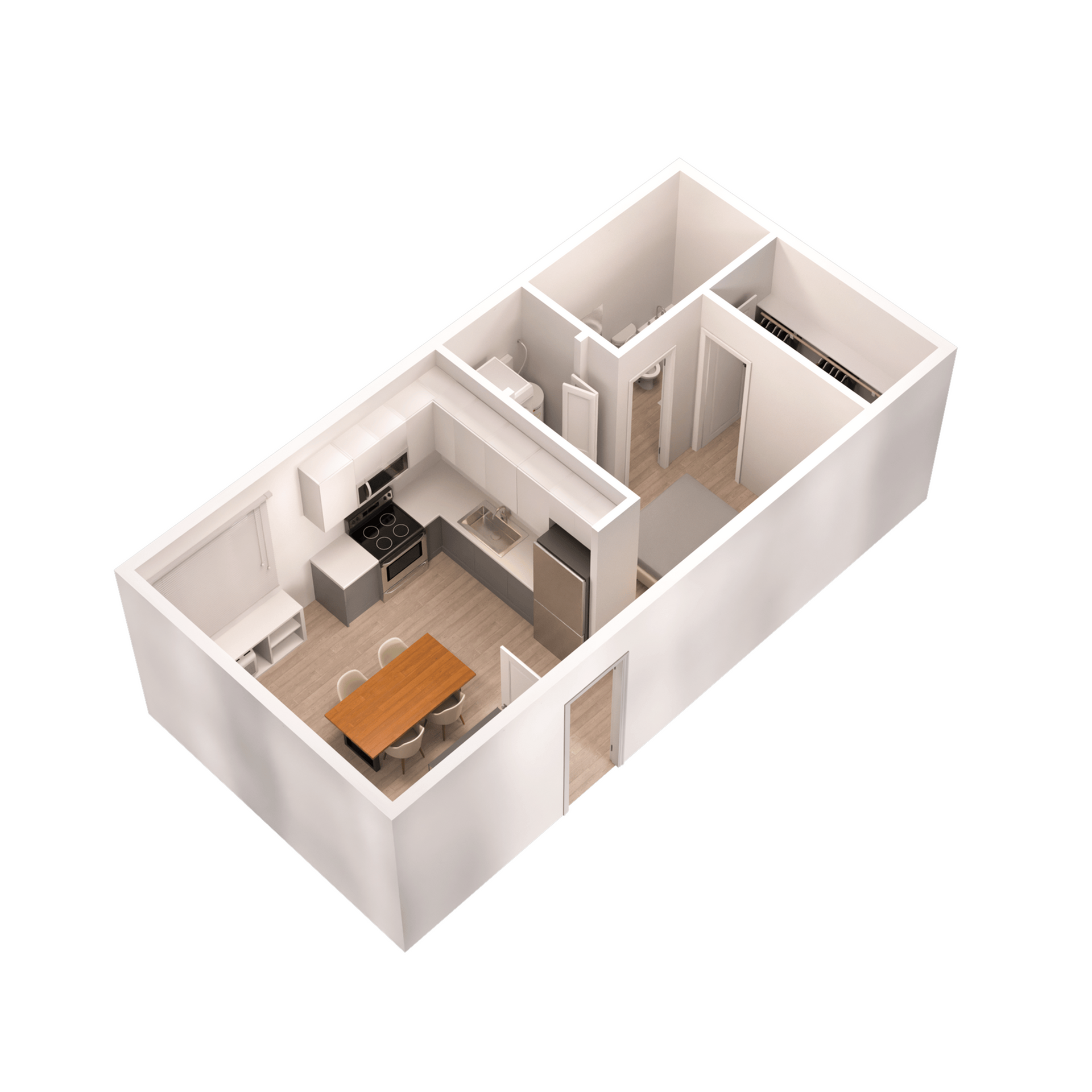 Chic 3D apartment floor plan showcasing a modern open kitchen with a dining area, cozy living space, and a streamlined hallway leading to private rooms.