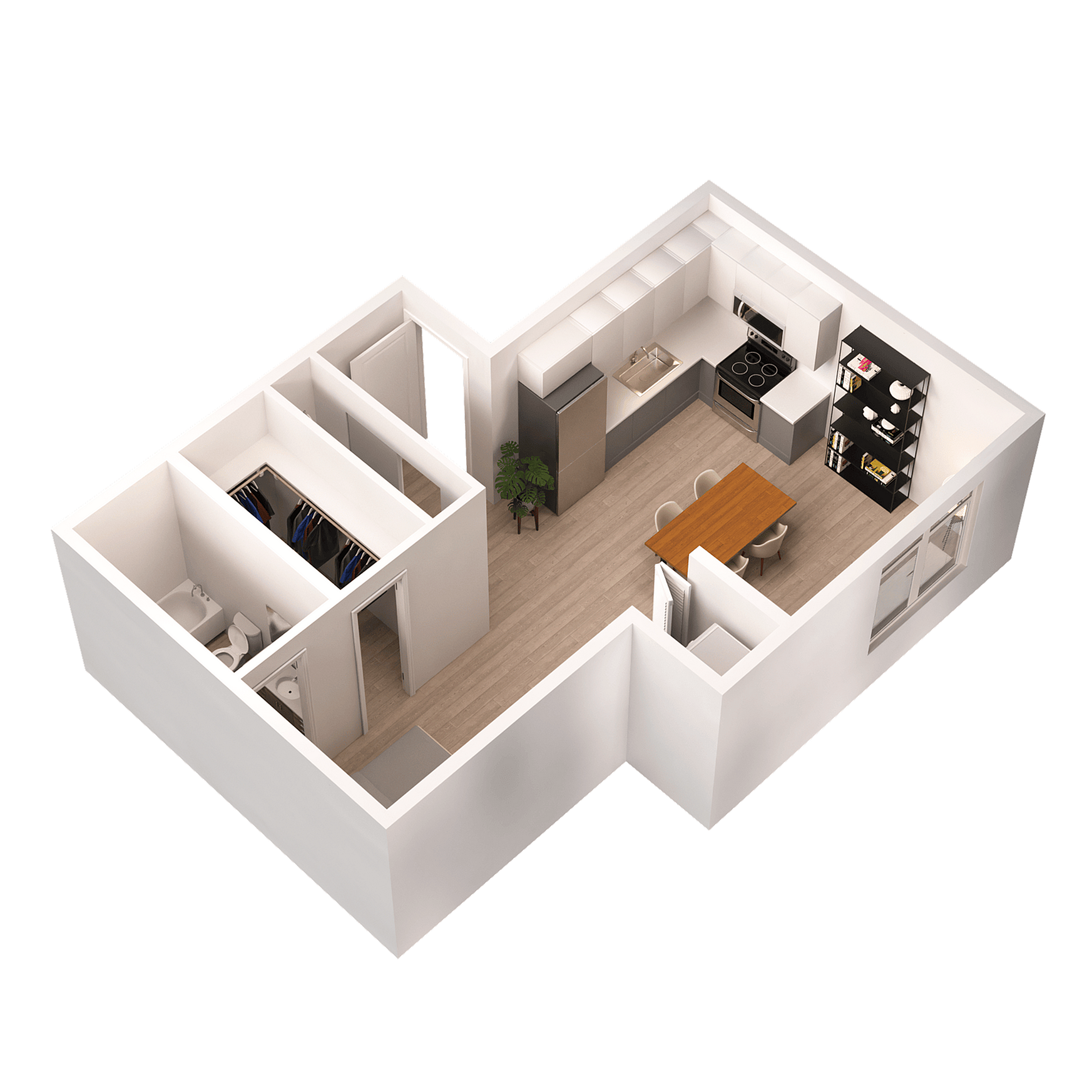 Modern 3D apartment layout featuring an open-concept kitchen and dining area, bathroom, and stylish living space with ample storage.