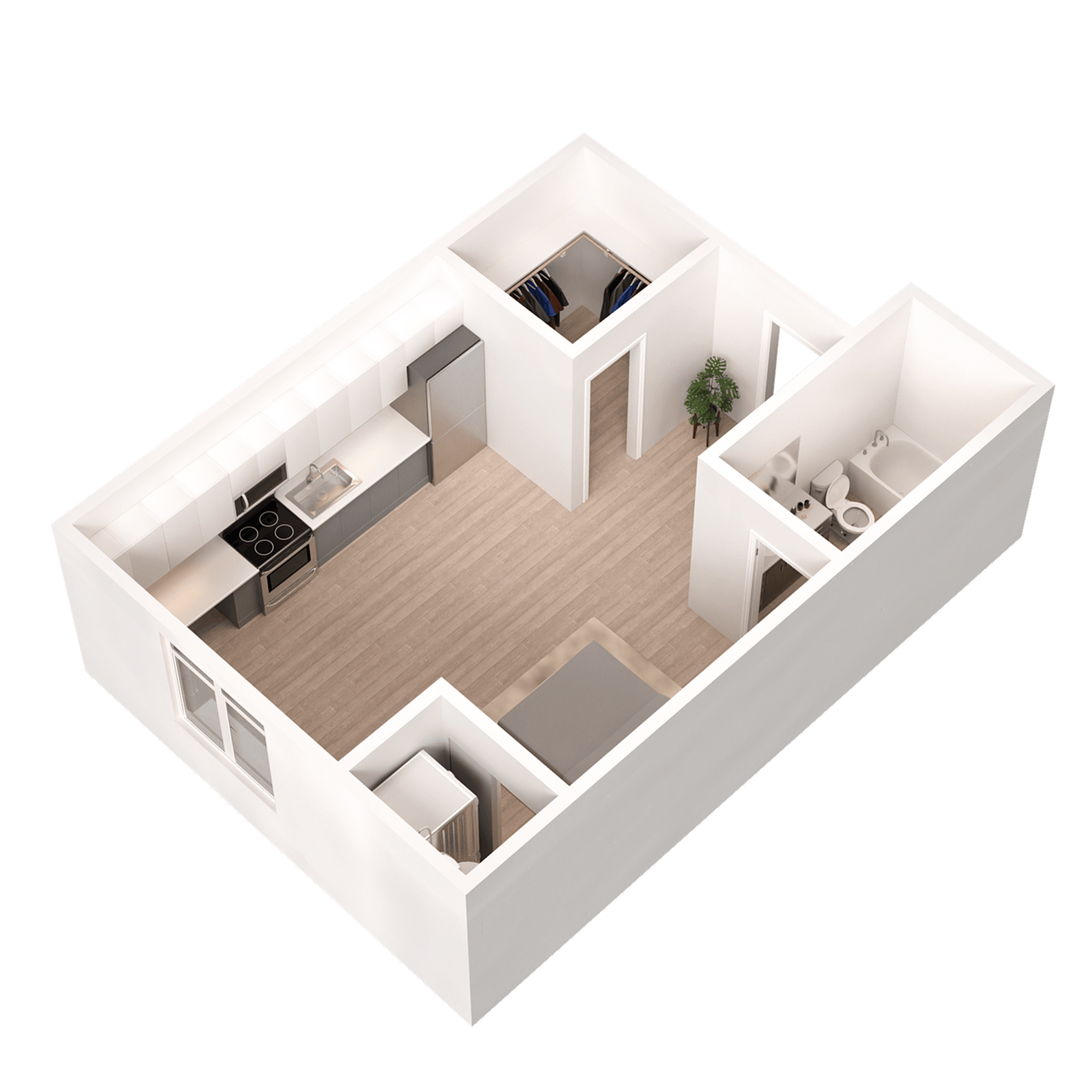 Modern 3D floor plan showcasing a stylish studio apartment with an open kitchen, cozy bedroom nook, and sleek bathroom layout.