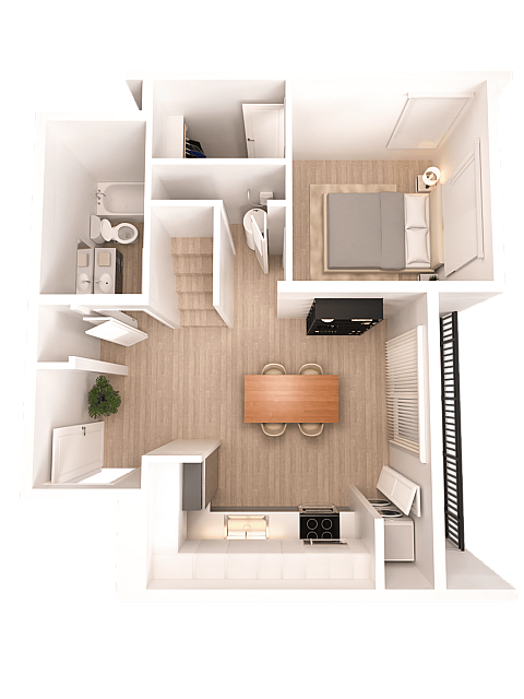 Chic 1-bedroom apartment floor plan featuring an open-concept kitchen, cozy dining area, and modern bathroom.