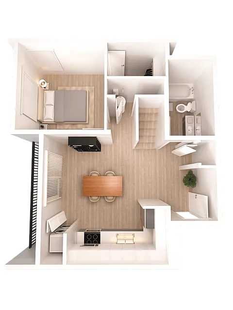 Modern 3D floor plan featuring a cozy one-bedroom apartment with an open-concept kitchen and dining area, inviting living space, and a well-designed bathroom.