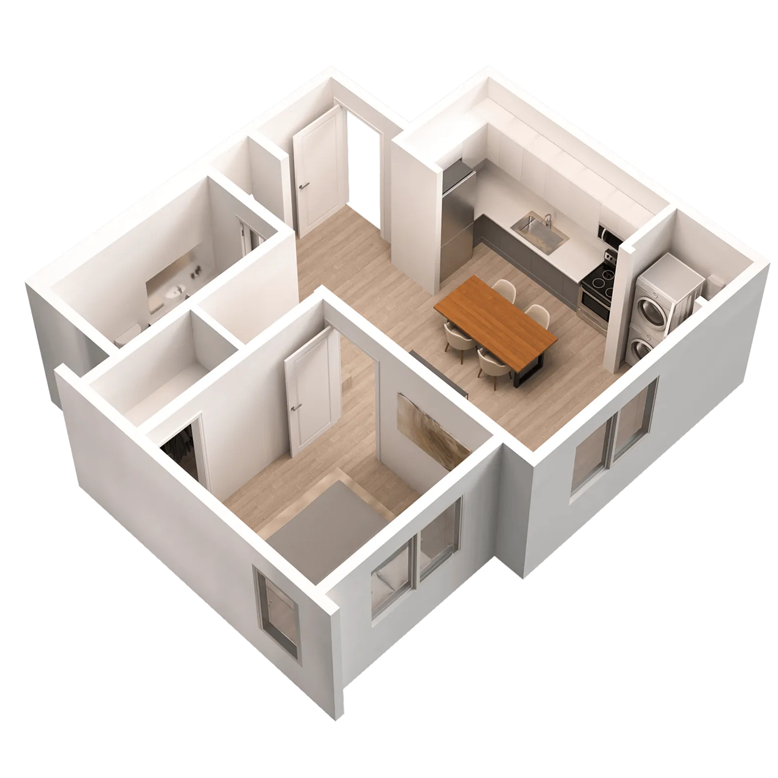 Elegant 3D floor plan showcasing a modern one-bedroom layout with an open-concept kitchen and inviting living area.