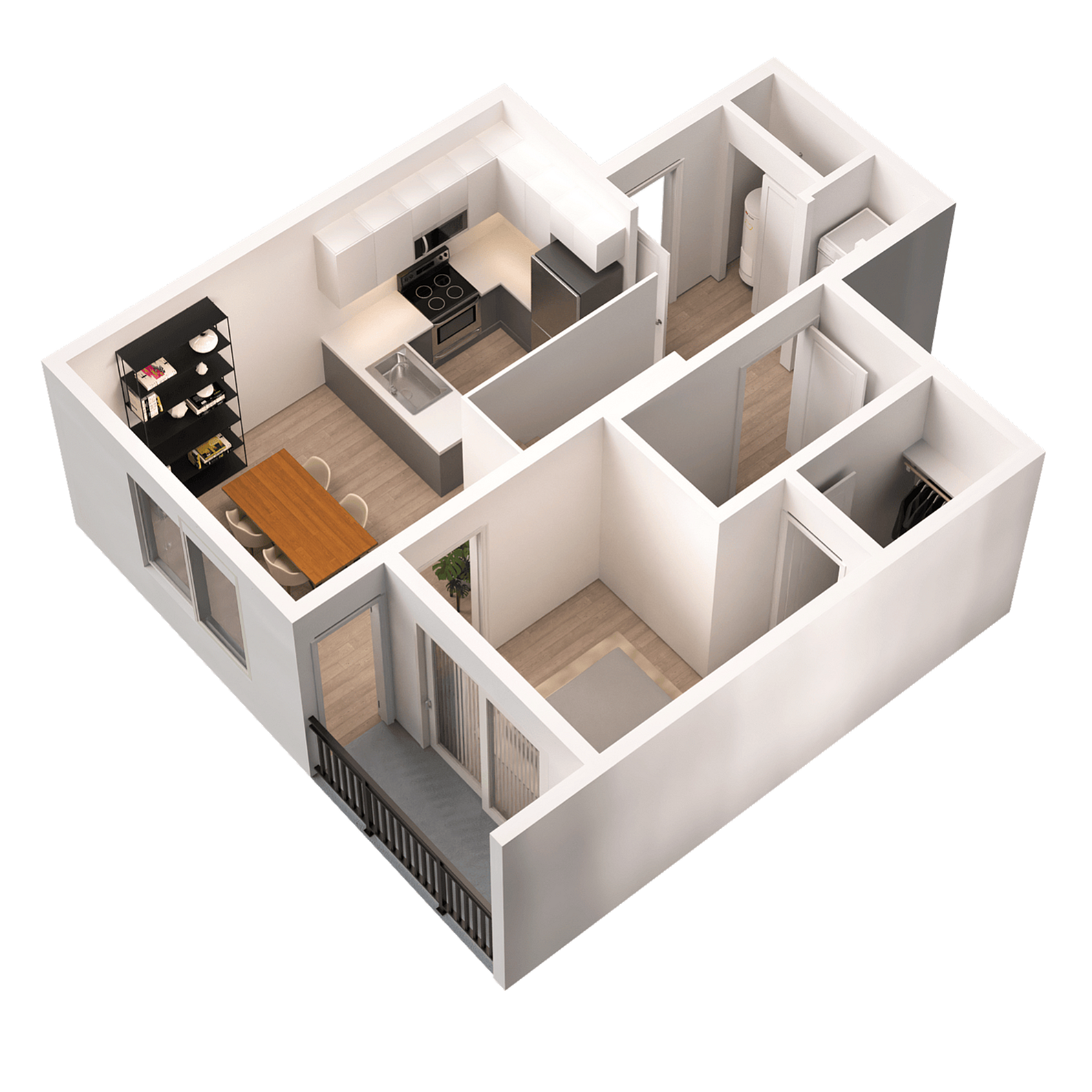 Modern 3D floor plan showcasing an efficient 2-bedroom layout, cozy living area, and sleek kitchen, perfect for contemporary living.