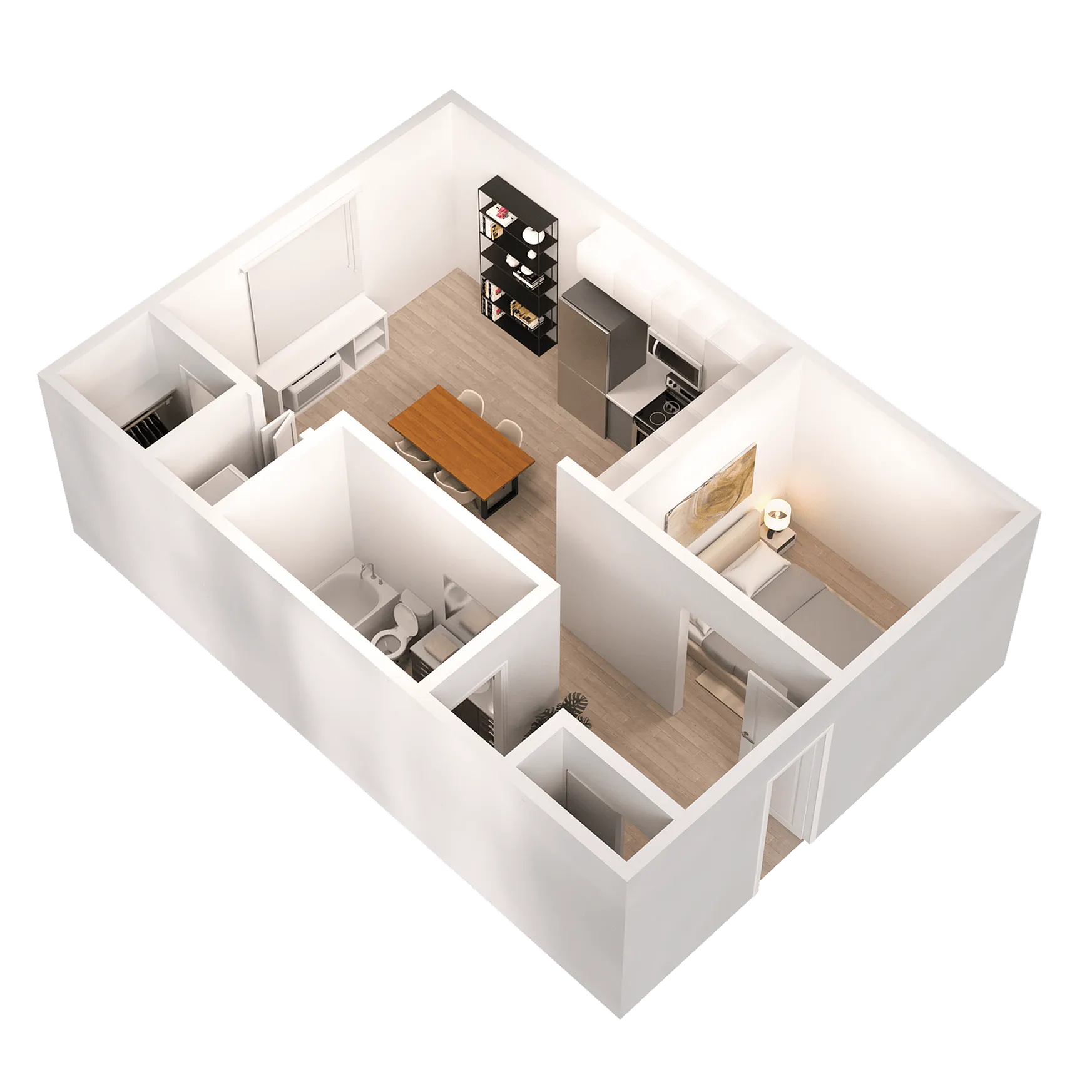 Modern 3D apartment layout featuring a cozy living area, stylish kitchen, and a spacious dining space.