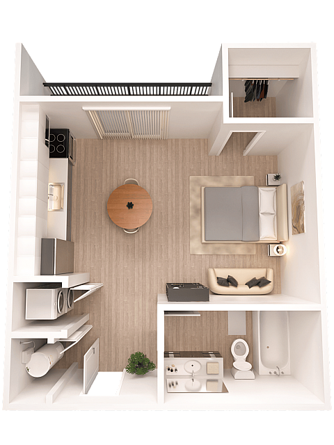 Contemporary studio apartment floor plan showcasing an open layout with a cozy bedroom, modern kitchen, and stylish living area.
