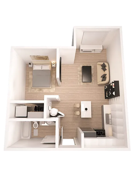 Modern 3D floor plan showcasing a cozy one-bedroom apartment with an open-concept living and kitchen area, featuring sleek furnishings and contemporary design.