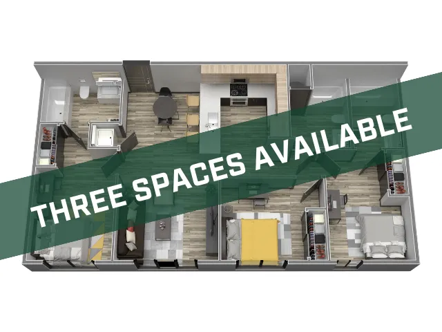 Modern 3D floor plan featuring three bedrooms, a sleek kitchen, and a cozy dining area, highlighting available spaces.