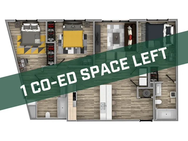 Modern 3-bedroom apartment floor plan with open living area and sleek kitchen design.