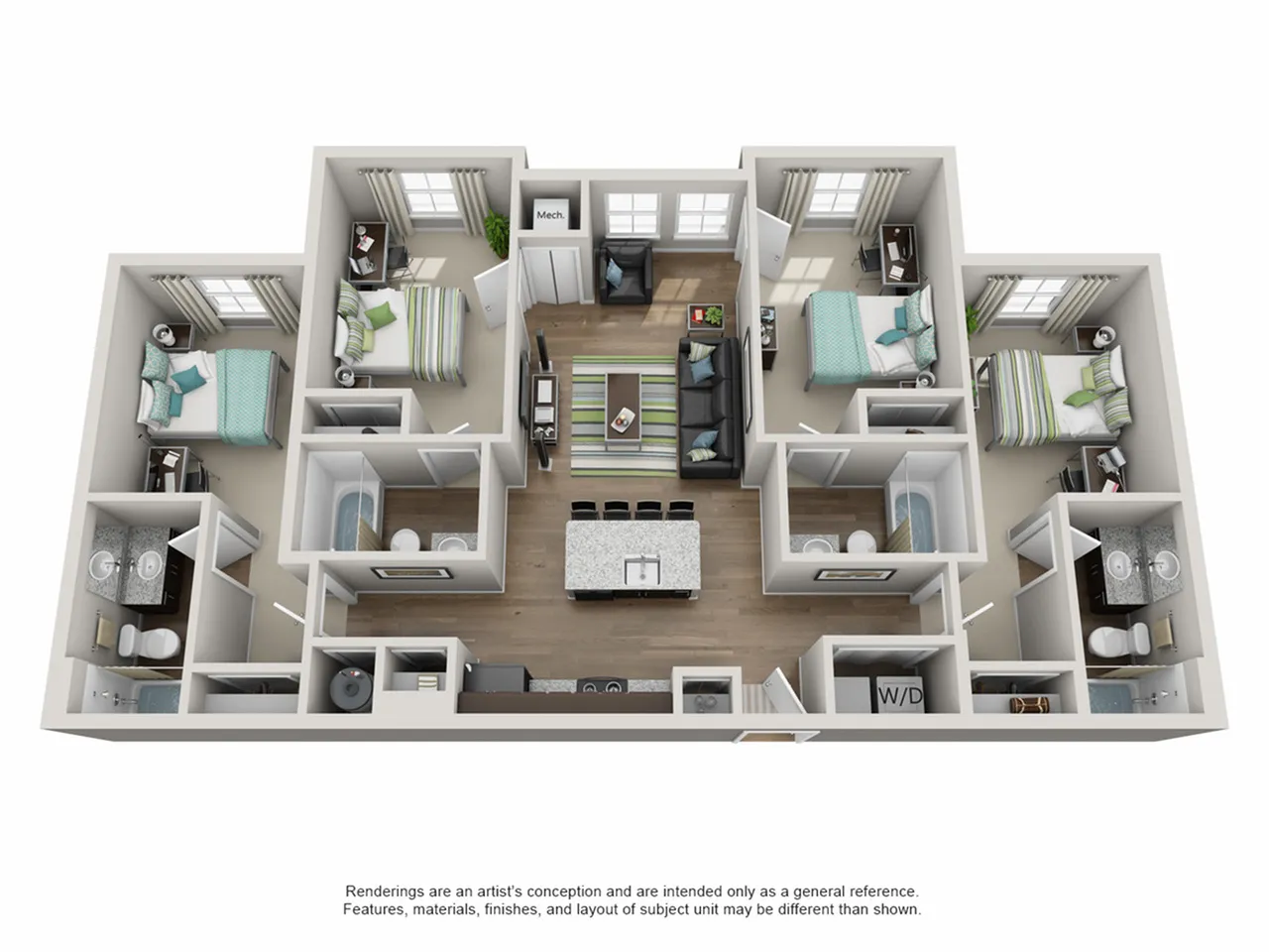 Modern 3D floor plan showcasing 3 elegant bedrooms, an open living area, and a sleek kitchen with an island, designed for optimal comfort and style.