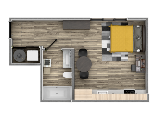 Modern studio floor plan featuring an open-concept living space, cozy bedroom area, and sleek kitchen with dining nook.