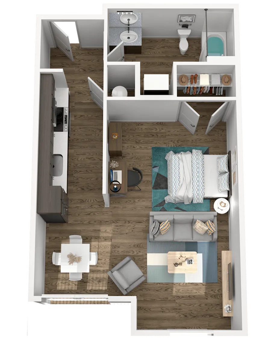 Modern 3D floor plan showcasing a cozy one-bedroom apartment with a spacious living area, integrated kitchen, and stylish bathroom.