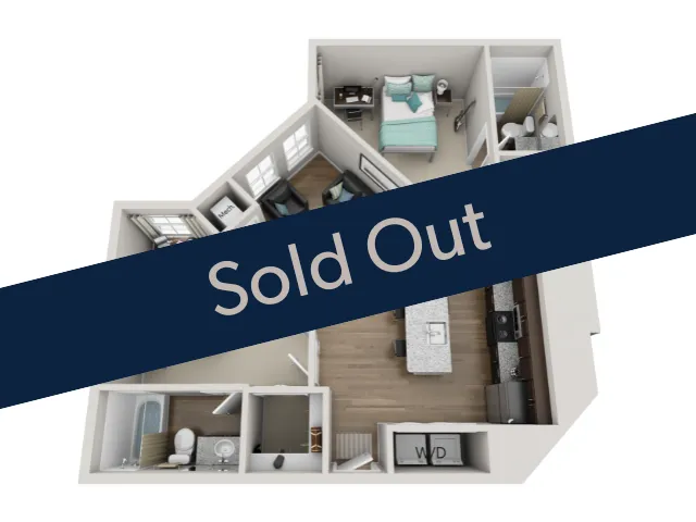 Modern 3D floor plan showcasing a one-bedroom apartment with an open-concept living area, sleek kitchen, and contemporary bathroom. Sold out luxury living space.