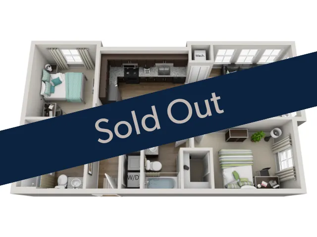Chic 3D floor plan with 2 bedrooms, modern kitchen, and cozy living area, now sold out.