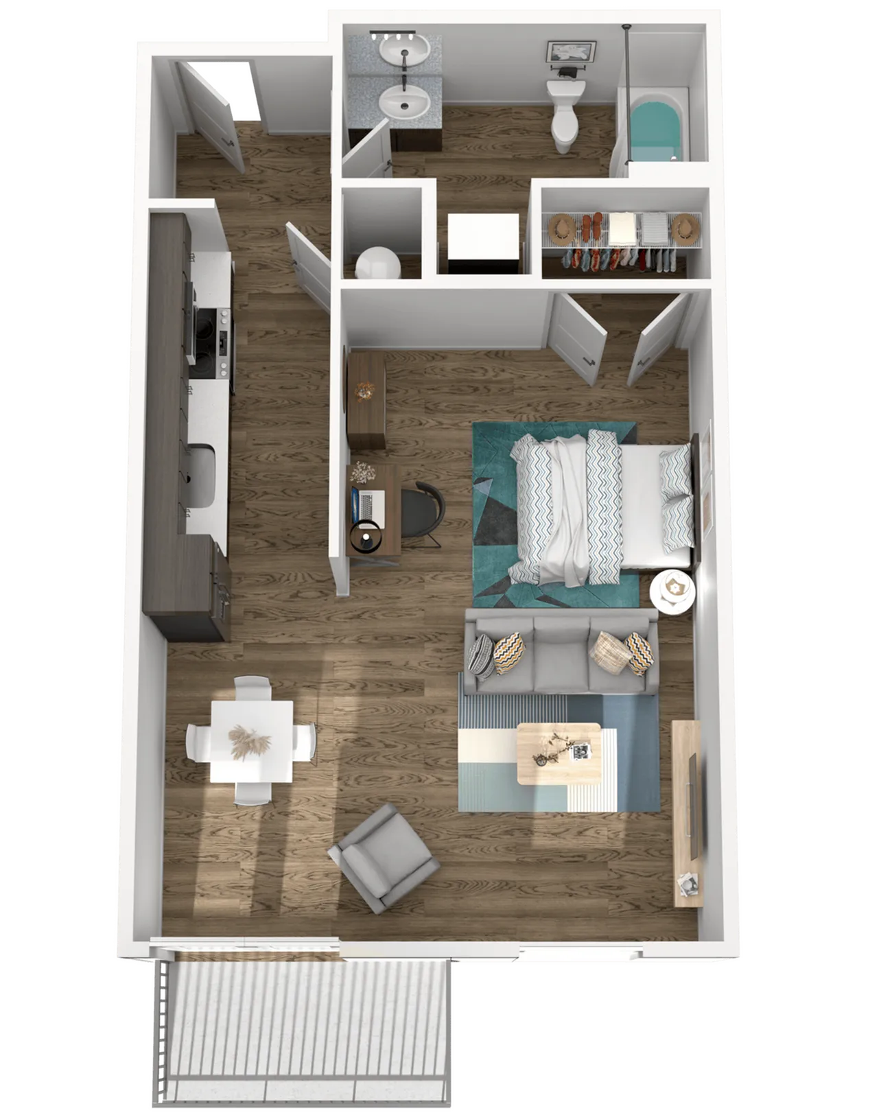 Modern one-bedroom apartment floor plan featuring an open living area, cozy bedroom, stylish kitchen, and chic bathroom.