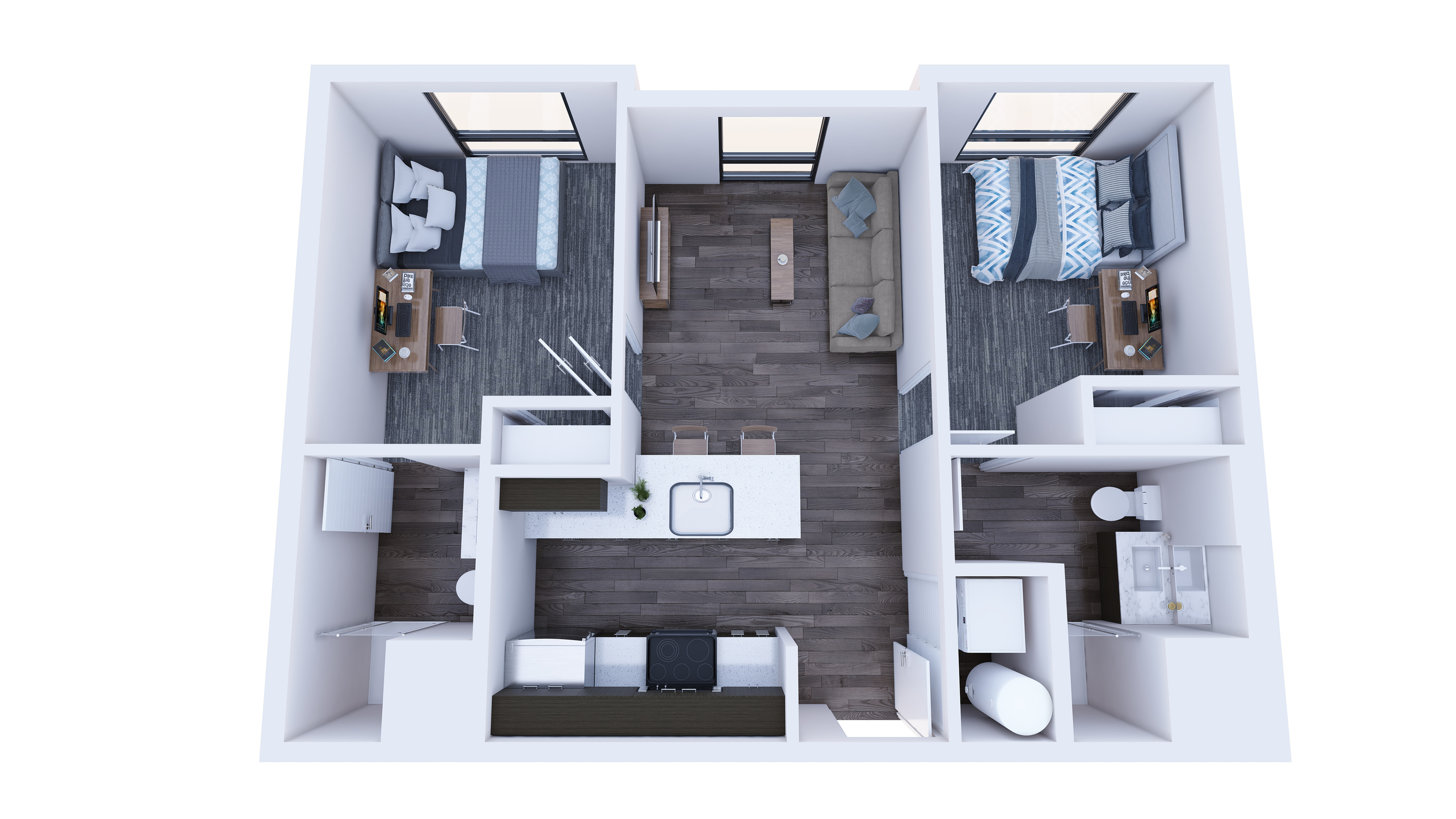 Republic on Main floor plan with 2 bedrooms, a stylish open-concept living area, and a sleek kitchen with an island in Moscow, ID