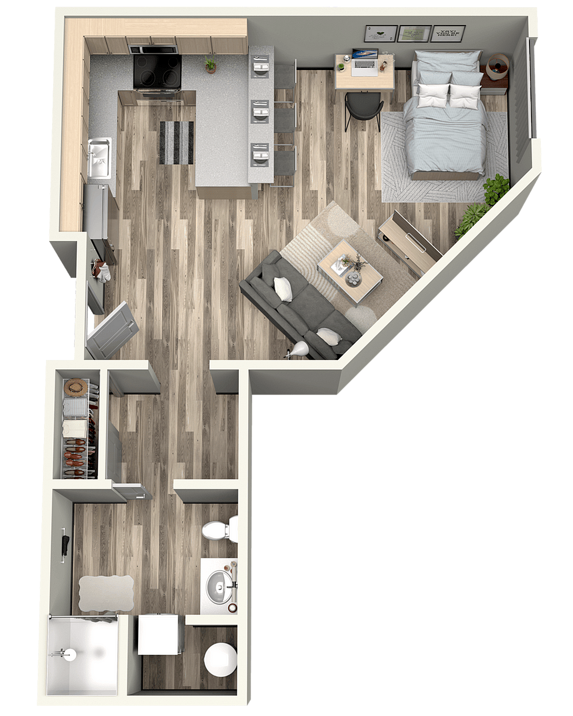 Chase Courtyard S3 studio apartment 3D floor plan layout for LEED Platinum certified apartments in Eugene OR