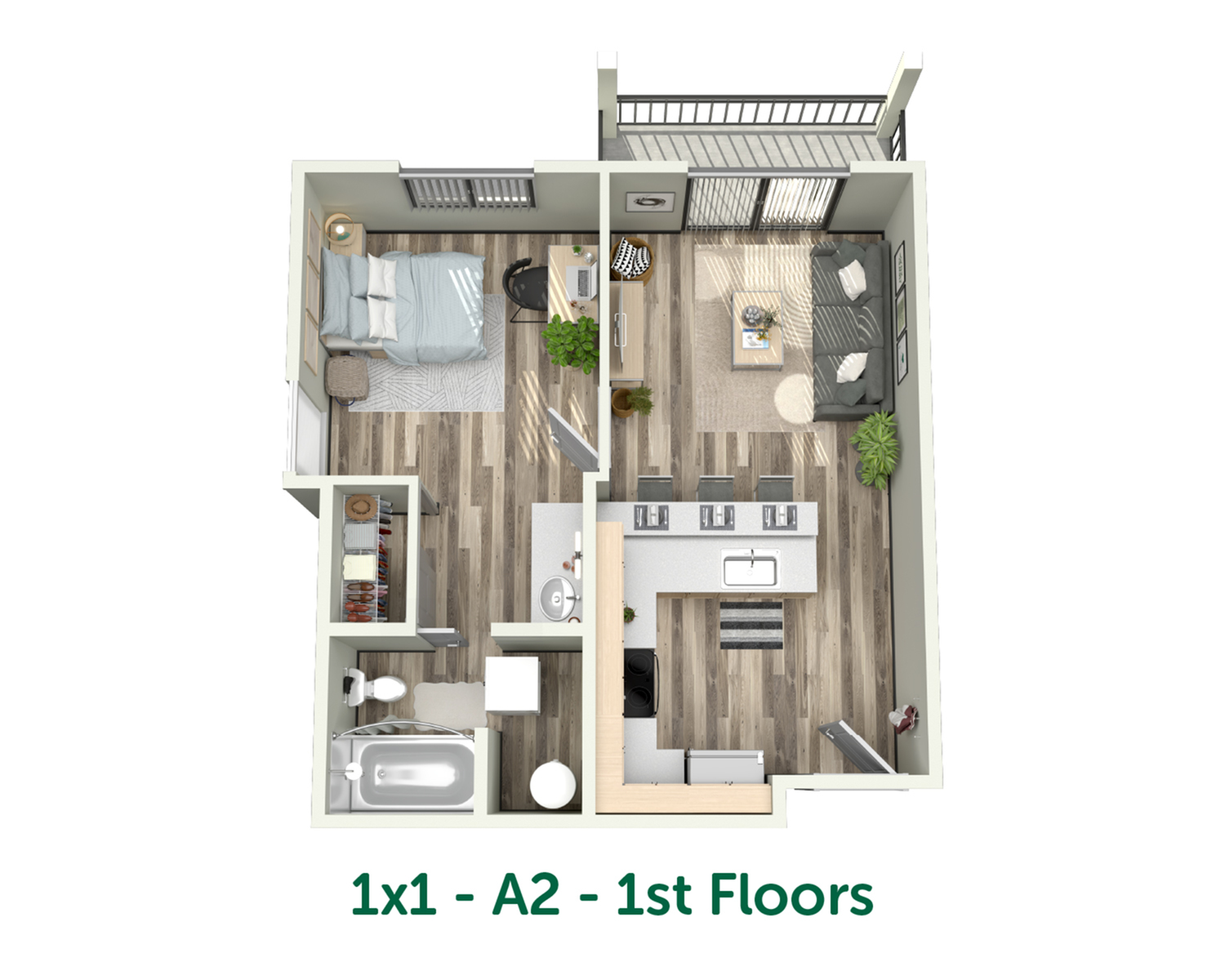 Chase Courtyard A2 one-bedroom apartment floor plan