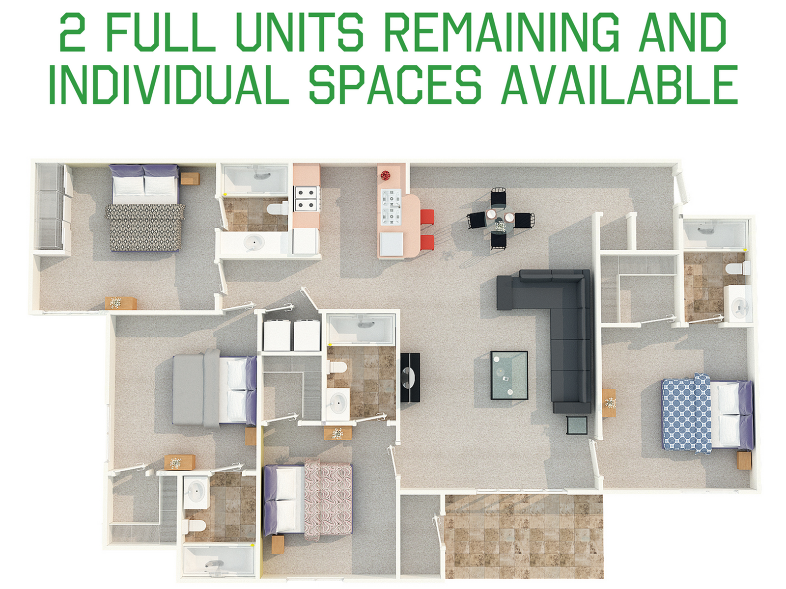 Spacious floor plan with 4 bedrooms, a modern kitchen, and a cozy living area. Two full units remaining with individual spaces available. Ideal for comfortable living and entertaining.