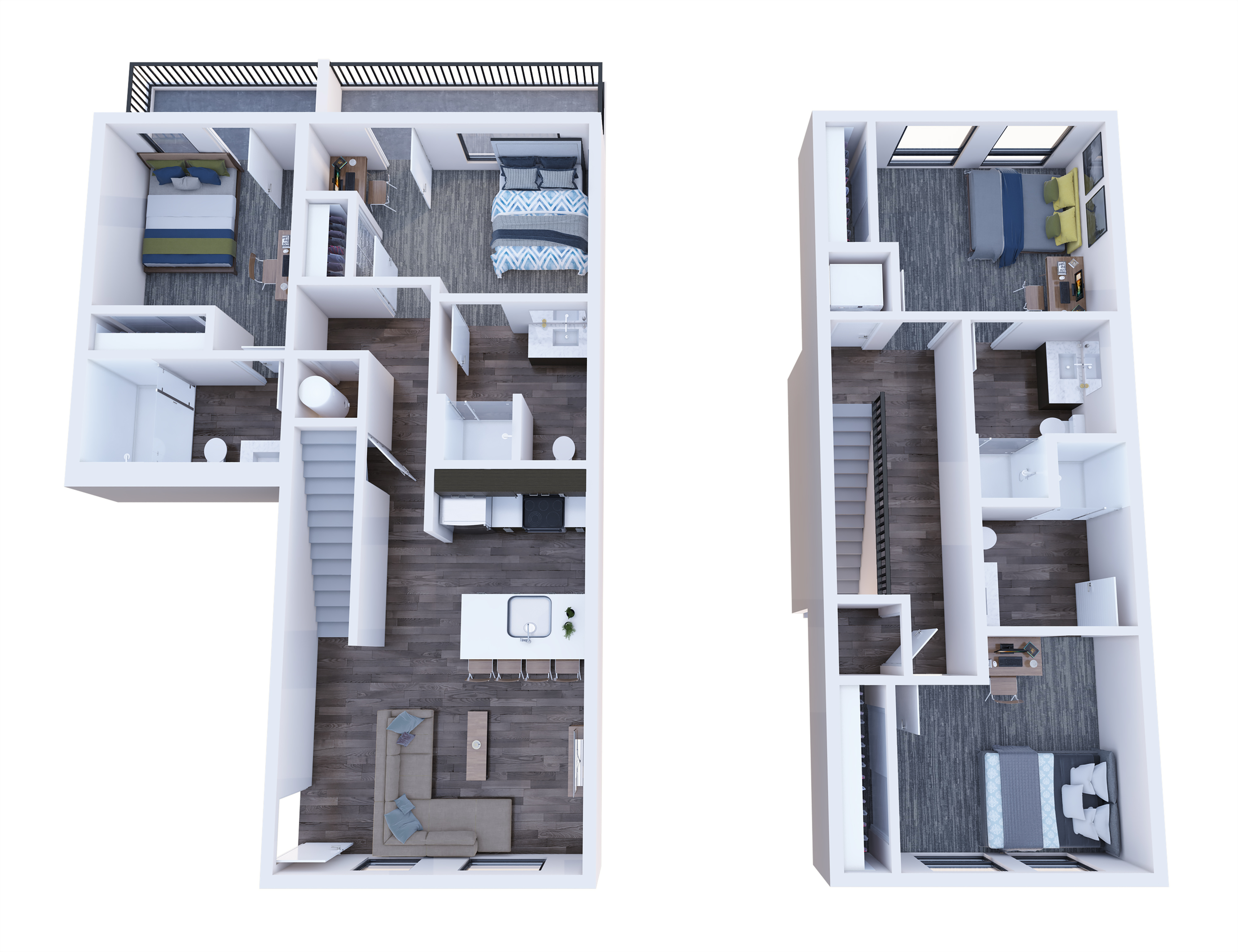 Republic on Main two-level floor plan showcasing 4 spacious bedrooms, an elegant open-concept kitchen, stylish living area, and ample natural light in Moscow, ID