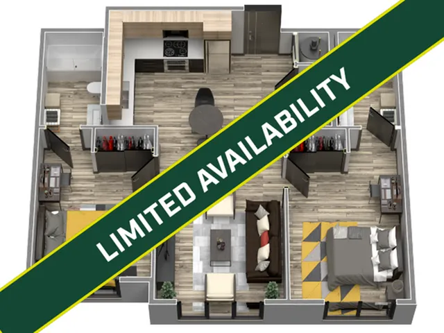 Modern 3D floor plan with 2 bedrooms, stylish open-concept living area, contemporary kitchen, and dining space. Limited availability for this chic design.