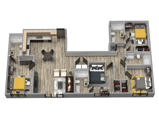 Three Bedroom Two Bathroom Open-Concept 3D Floor Plan at The Flats at Chase Student Apartments in Eugene, OR