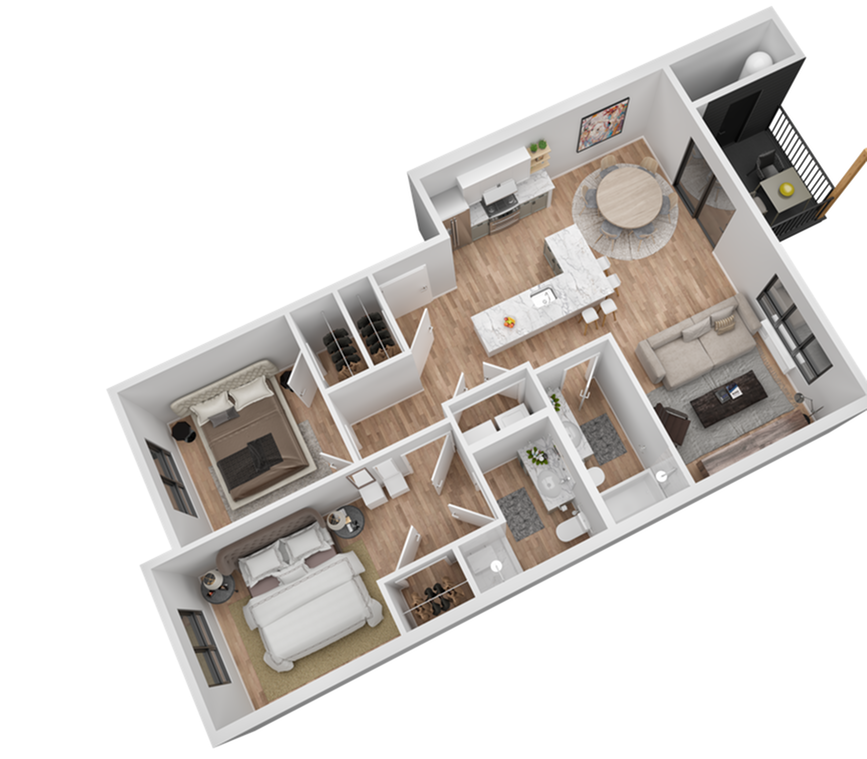 3D floor plan of 2 bedroom 2 bathroom apartment with open-concept kitchen island at The Preserve on Goodpasture Eugene Oregon