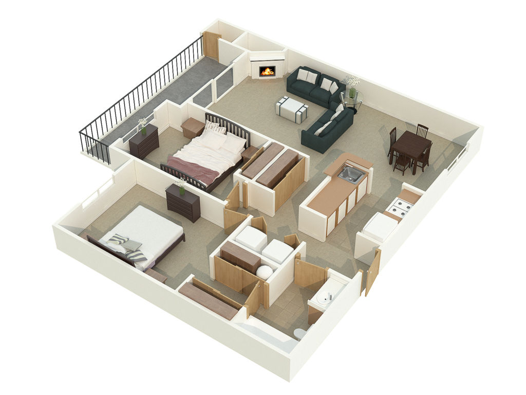 Charming 3D floor plan featuring a cozy two-bedroom layout, complete with an open-concept living area, modern kitchen, and intimate dining space.
