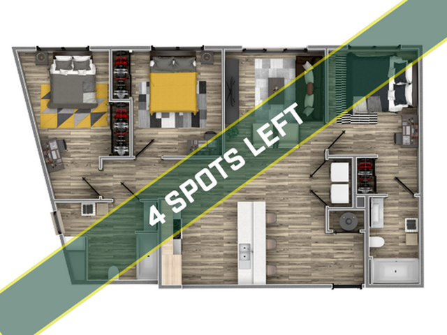 Modern floor plan with two bedrooms, open living space, and sleek kitchen layout, highlighting limited availability with \'4 Spots Left\' banner.