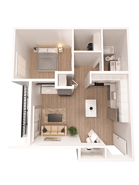 Modern 3D floor plan showcasing a cozy 1-bedroom apartment with an open-concept living and kitchen area, featuring sleek finishes and a stylish bathroom.