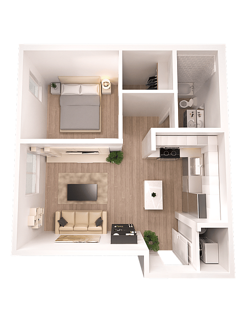 Chic 3D floor plan showcasing a cozy one-bedroom apartment with an inviting open-concept living area and modern kitchen, ideal for urban living.