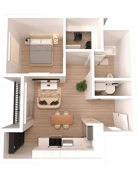 Chic 3D floor plan of a modern apartment featuring a cozy bedroom, stylish bathroom, and open-plan kitchen-living area with elegant furnishings.