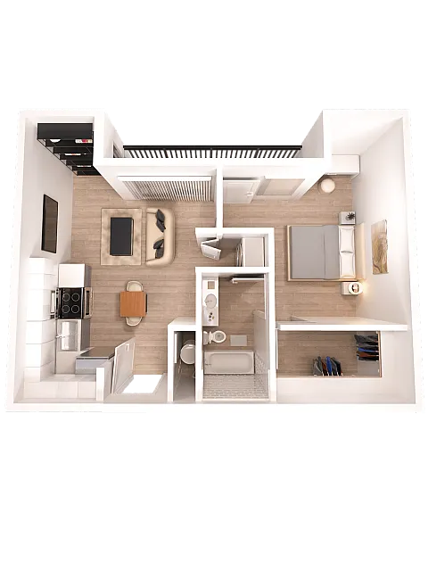 Modern 3D floor plan displaying a cozy 1-bedroom apartment with an open kitchen-living area and a well-designed bathroom.