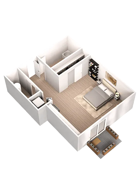 Elegant 3D floor plan showcasing a cozy bedroom, modern bathroom, and stylish open-concept living area with private balcony.