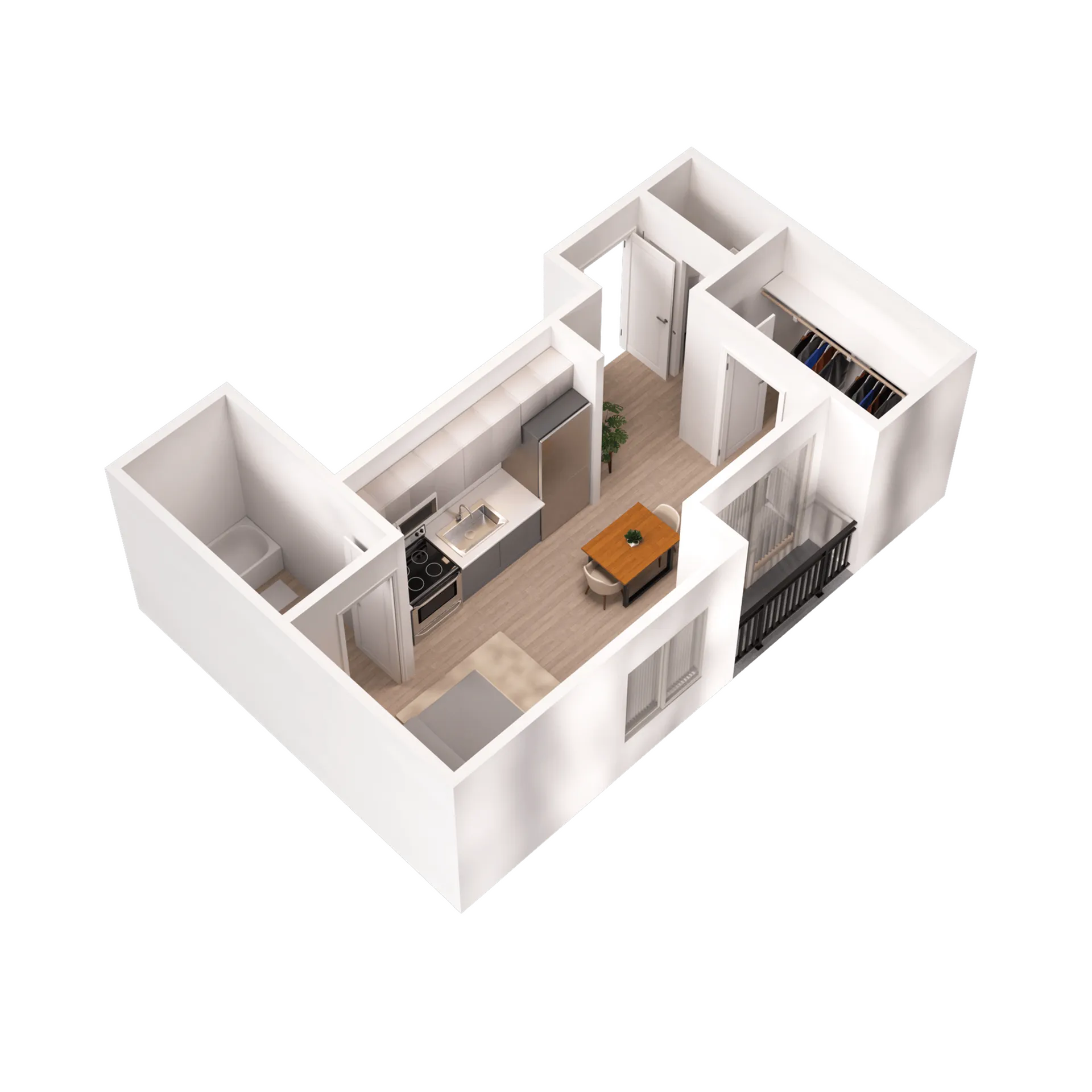 Modern 3D floor plan showcasing a sleek kitchen, cozy bedroom, stylish bathroom, and inviting living area with balcony.