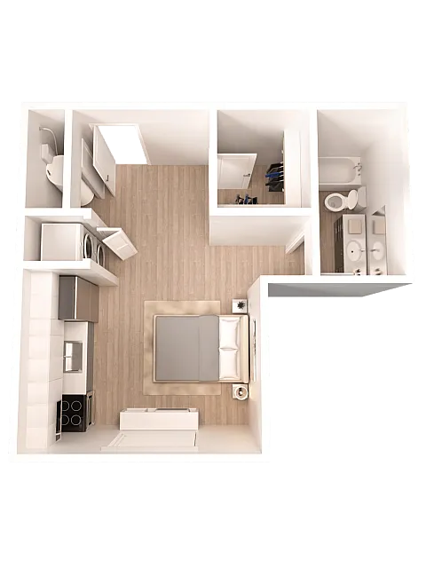 Chic L-shaped floor plan featuring a cozy bedroom, modern kitchen, convenient laundry space, and elegant bathroom with a double sink.