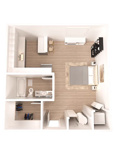Modern studio floor plan featuring a cozy bedroom area, functional kitchen, and stylish bathroom with ample closet space.