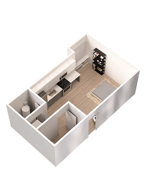 Modern 3D floor plan showcasing a compact studio layout with an open kitchen, cozy bedroom, and sleek bathroom.