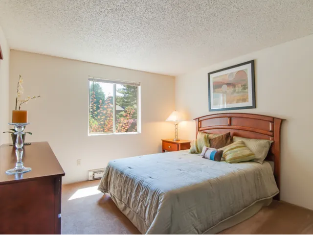 Maplewood Park apartment bedroom with natural lighting and queen sized bed.