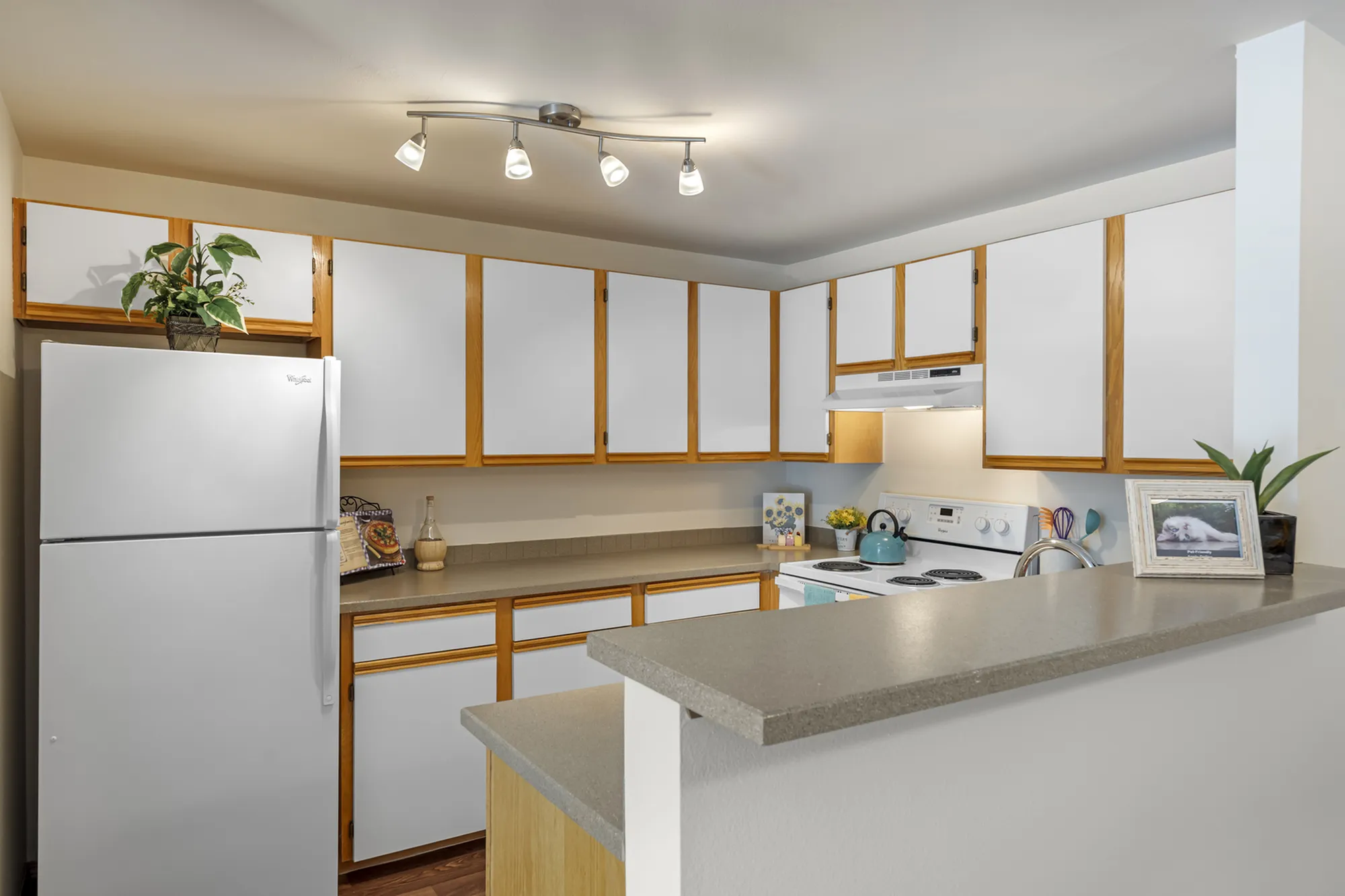 Modern kitchen with full appliances at Canyon Springs apartments in Lynnwood, WA