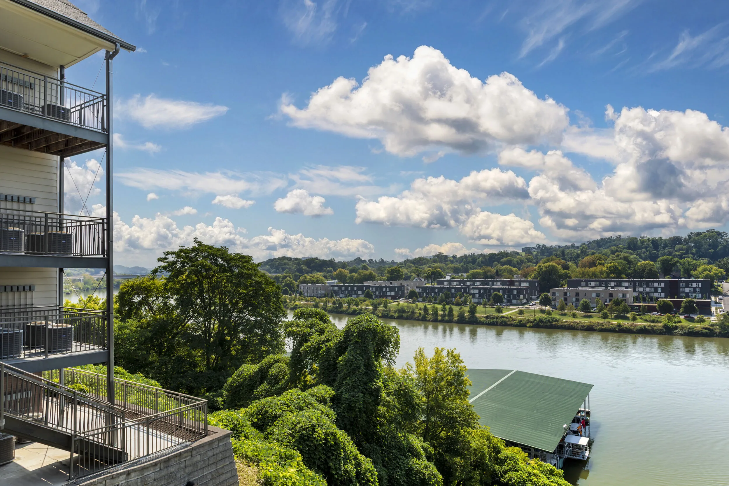 Private patios and balconies with breathtaking Tennessee River views at The Landings riverside apartments Knoxville TN