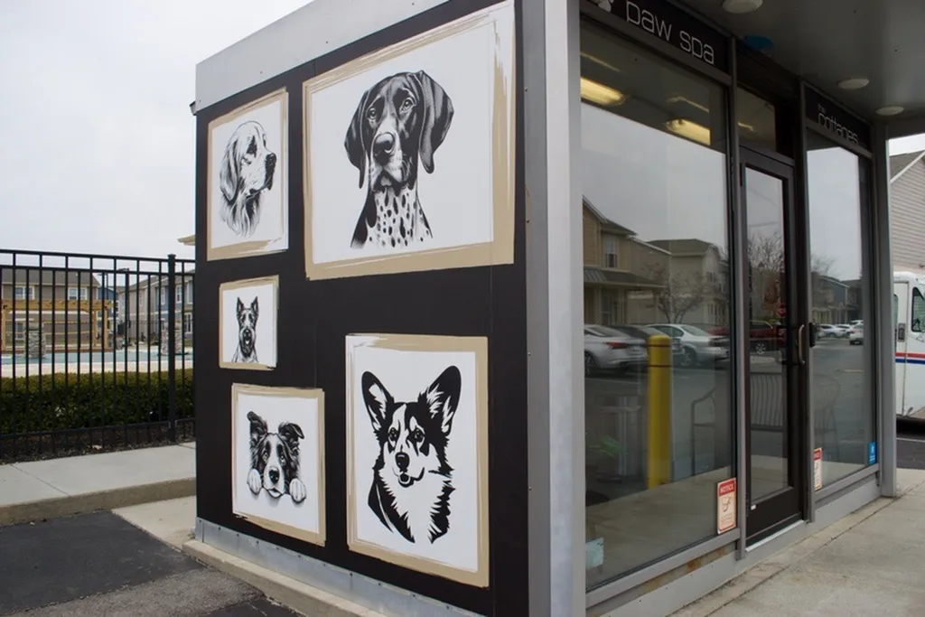 Pet Spa Station exterior with dog portrait art at The Cottages on Lindberg in West Lafayette, IN