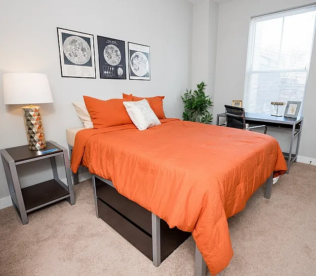 Campus Circle Urbana model bedroom B with private bed and bath in fully furnished student apartment near UIUC in Urbana IL