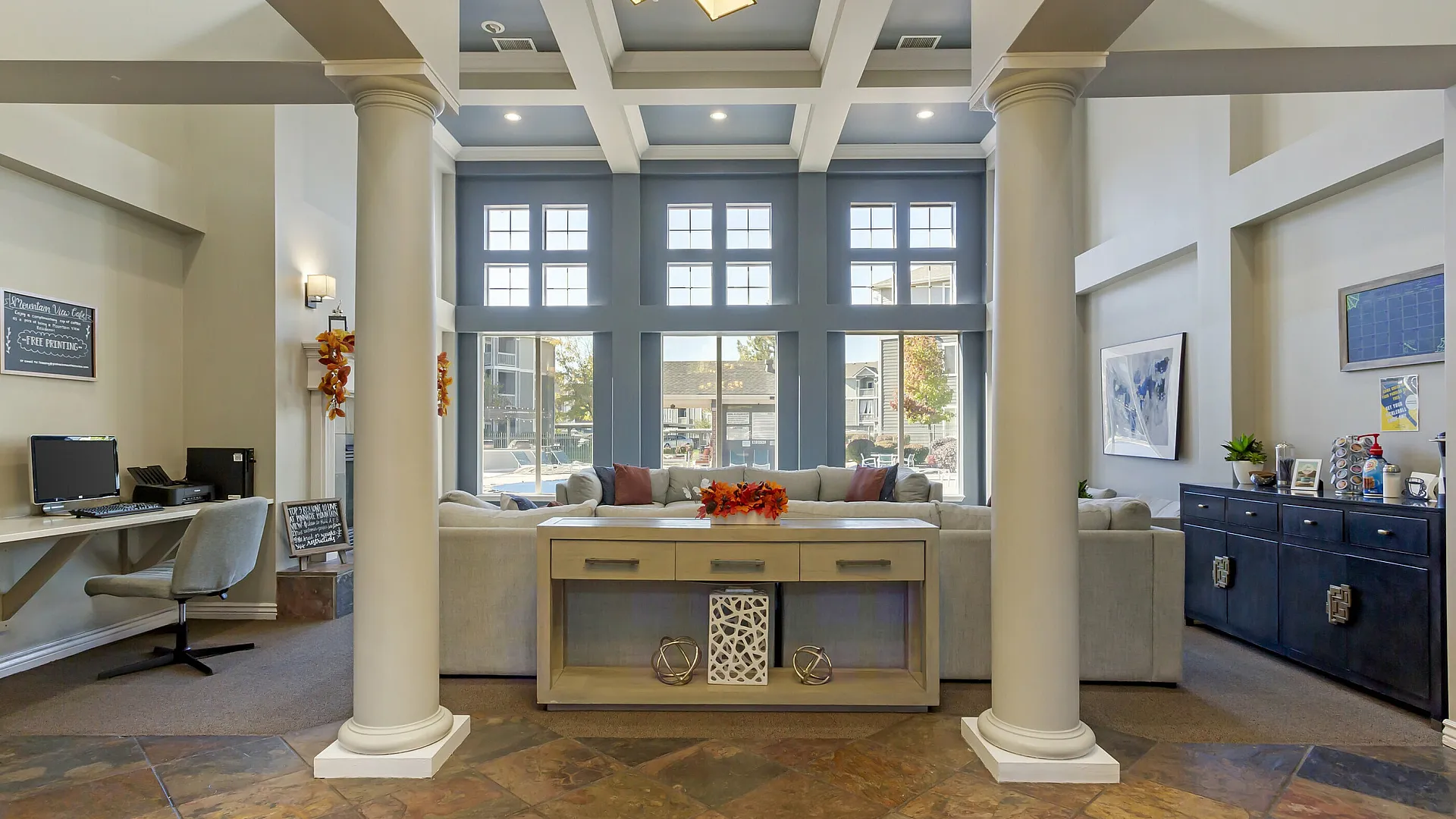 Welcoming clubhouse lobby at Pinnacle Mountain View apartments in Clearfield UT