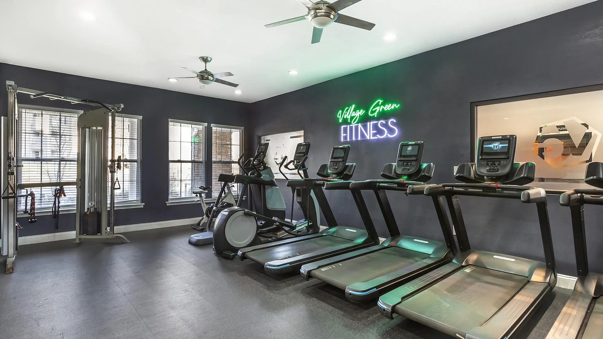 Modern fitness center with treadmills, exercise machines, and natural light.